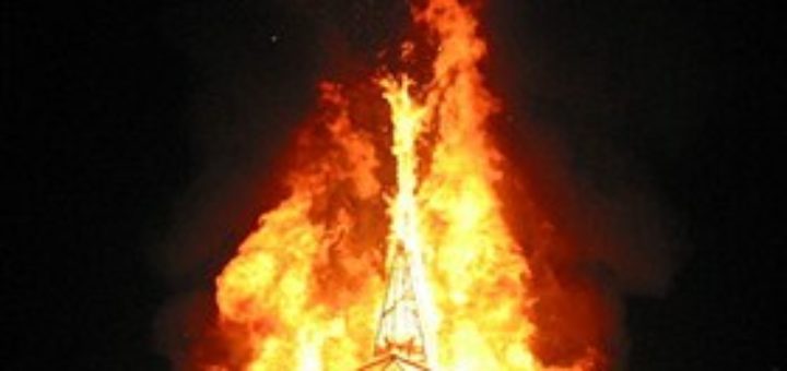 The Temple of Joy aflame at Burning Man in Black Rock City, Nevada. (Photo by Keith Pomakis)