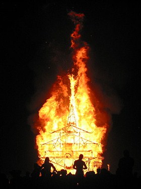 Burning Man The Temple of Joy aflame at Burning Man in Black Rock City, Nevada. (Photo by Keith Pomakis)